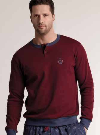Pigiama in interlock di cotone con maglia serafino a maniche lunghe e pantalone lungo con polsi 2