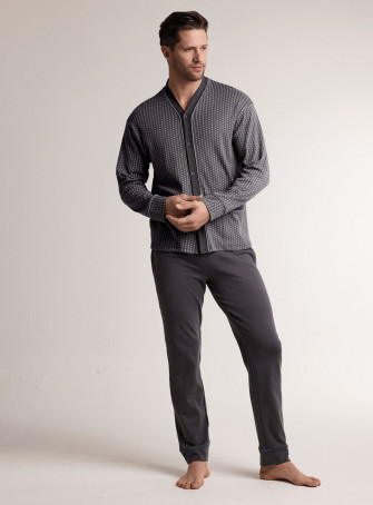Pigiama in interlock di cotone con maglia aperta a maniche lunghe e pantalone lungo dritto