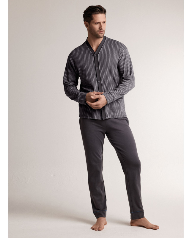 Pigiama in interlock di cotone con maglia aperta a maniche lunghe e pantalone lungo dritto