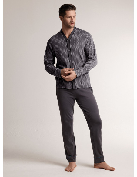 Pigiama in interlock di cotone con maglia aperta a maniche lunghe e pantalone lungo dritto
