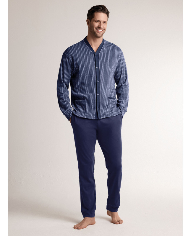 Pigiama in interlock di cotone con maglia aperta a maniche lunghe e pantalone lungo dritto