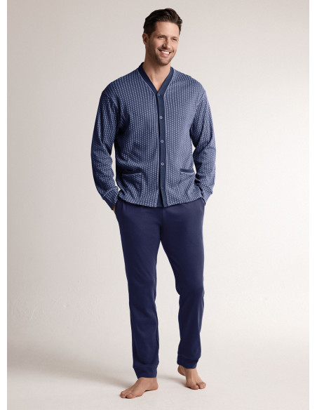 Pigiama in interlock di cotone con maglia aperta a maniche lunghe e pantalone lungo dritto