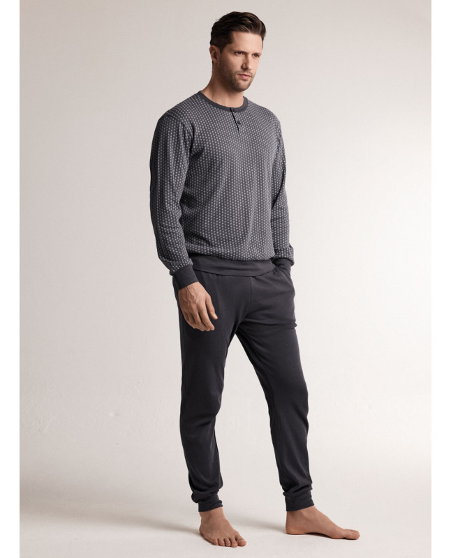 Pigiama in interlock di cotone con maglia serafino a maniche lunghe e pantalone lungo con polsi