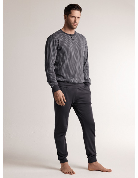 Pigiama in interlock di cotone con maglia serafino a maniche lunghe e pantalone lungo con polsi