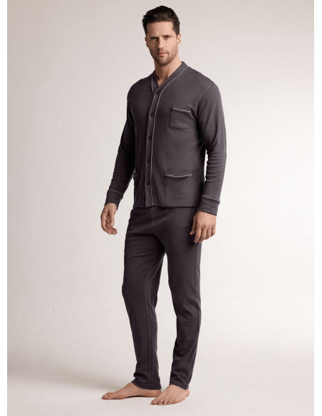 Pigiama in interlock di cotone con maglia aperta a maniche lunghe e pantalone lungo dritto