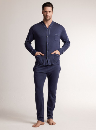 Pigiama in interlock di cotone con maglia aperta a maniche lunghe e pantalone lungo dritto