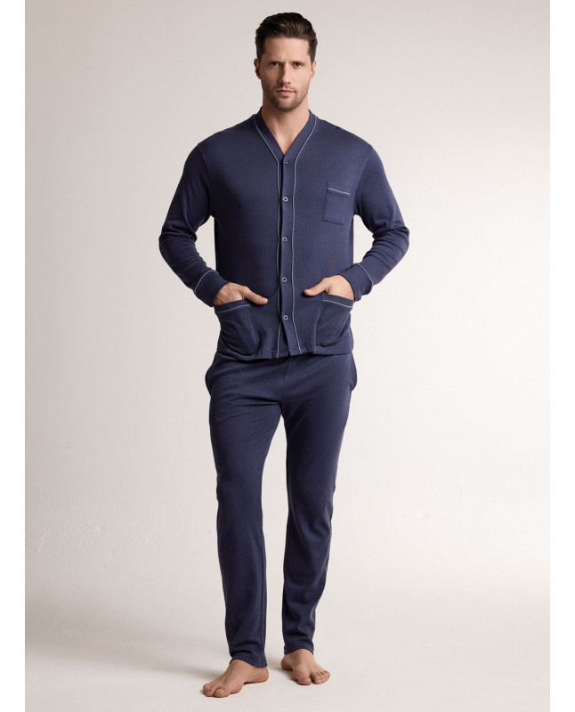 Pigiama in interlock di cotone con maglia aperta a maniche lunghe e pantalone lungo dritto