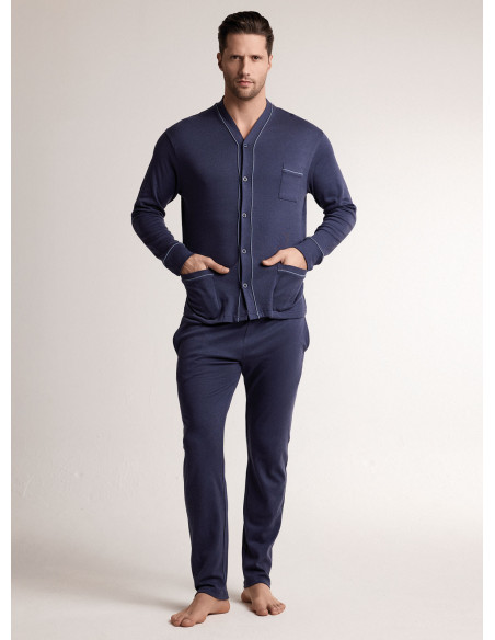 Pigiama in interlock di cotone con maglia aperta a maniche lunghe e pantalone lungo dritto